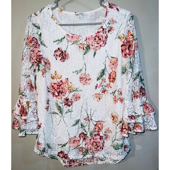 Vintage Floral Lace Blouse With 3/4Ruffle Sleeves Size Small - Picture 1 of 3